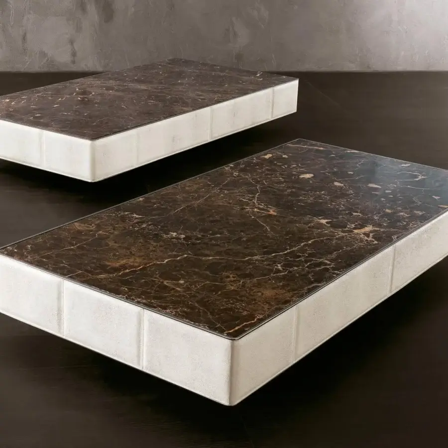 Superior Rugiano Hugo coffee table with glossy dark brown marble-patterned top and light beige baguette-embroidered leather wrap