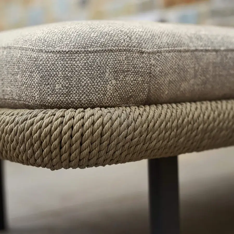 Exceptional Varaschin Babylon lounger with light brown cord wrapped aluminum base and woven gray seat cushion