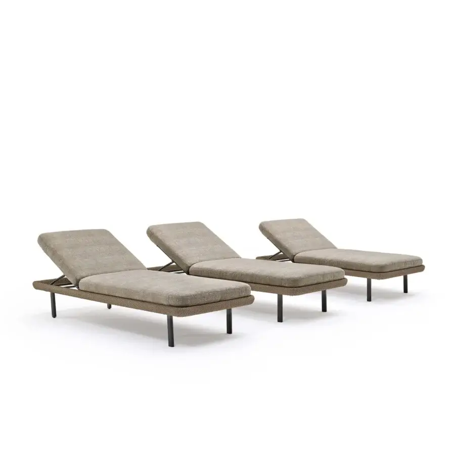 Elegant Varaschin Babylon lounger with woven man-made fiber cord enveloping a matt-gray painted aluminum base