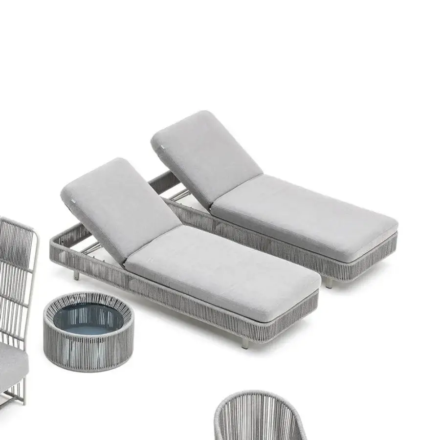 Superior Varaschin Tibidabo lounger with silk grey powder-coated aluminum and hand-woven Perla rope, exhibiting a matte textile cushion