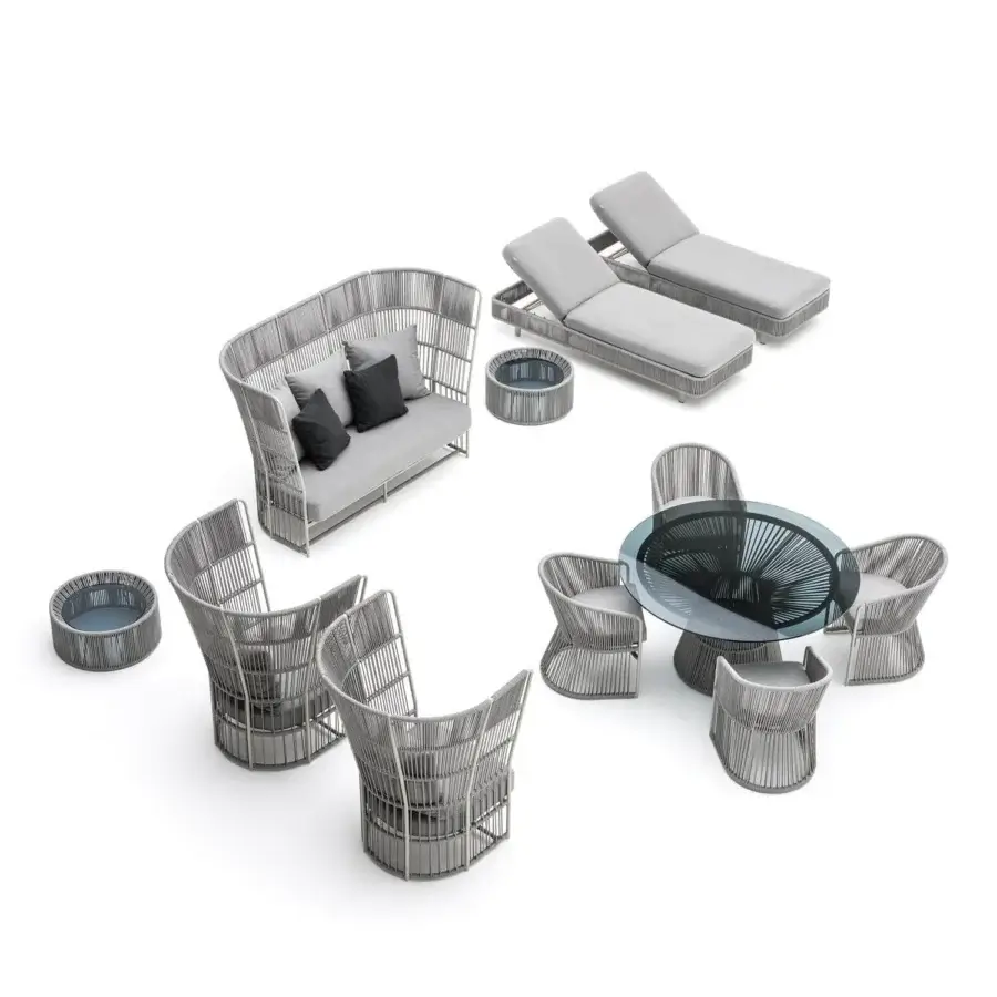 Exceptional Varaschin Tibidabo lounger with silk grey powder-coated aluminum and hand-woven Perla rope finish