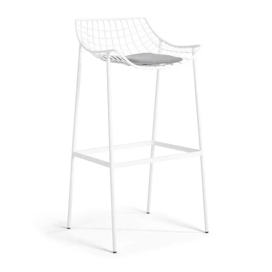 Elegant Varaschin Summer Set stool with white powder-coated steel grid and gray seat cushion