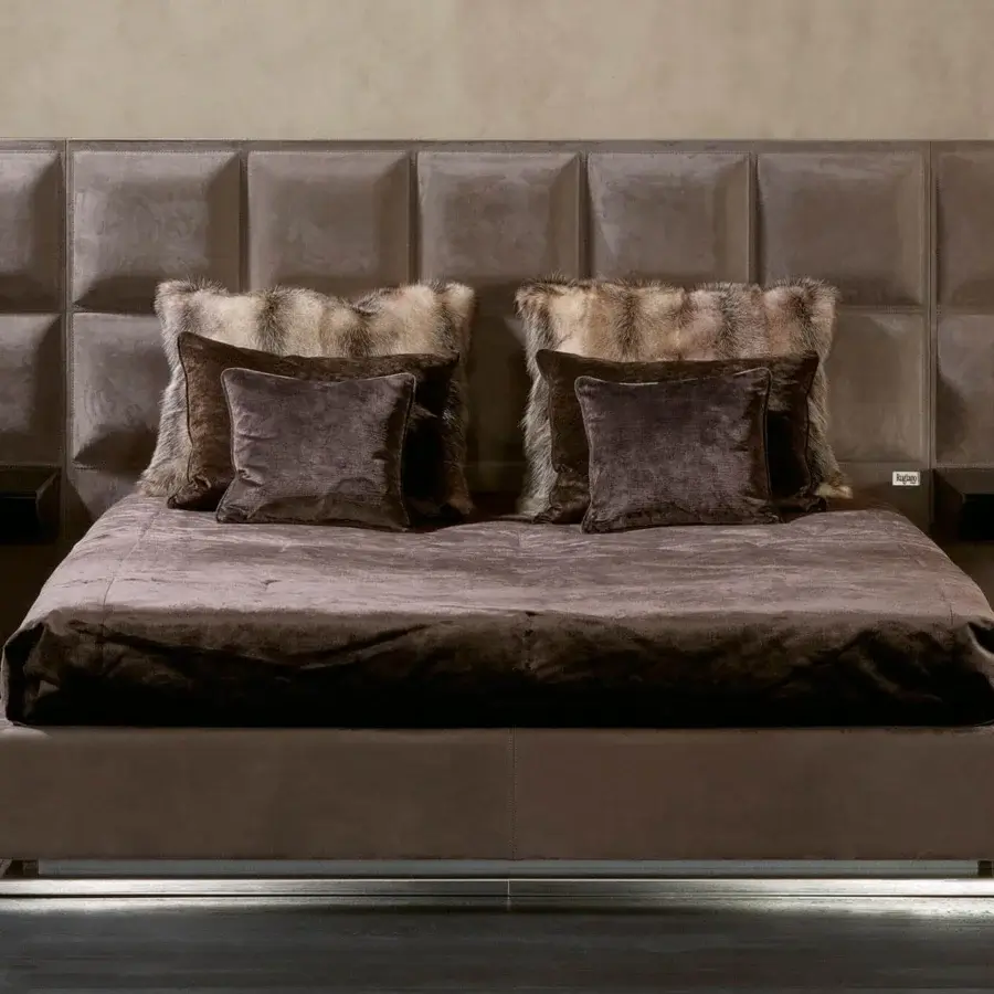 Refined Rugiano Gemma bed with a padded square headboard and bronze-toned metallic support built with matte brown textile nightstands