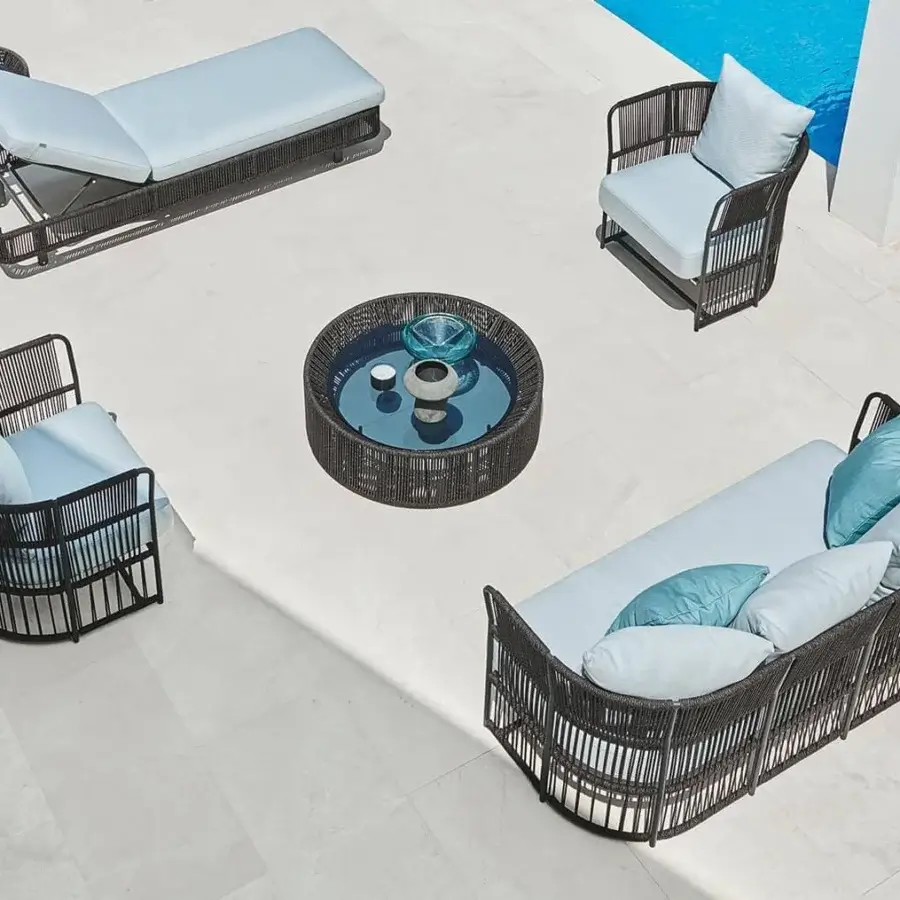 Exceptional Varaschin Tibidabo sofa with hand-woven synthetic fiber and painted metal frame in light blue cushions