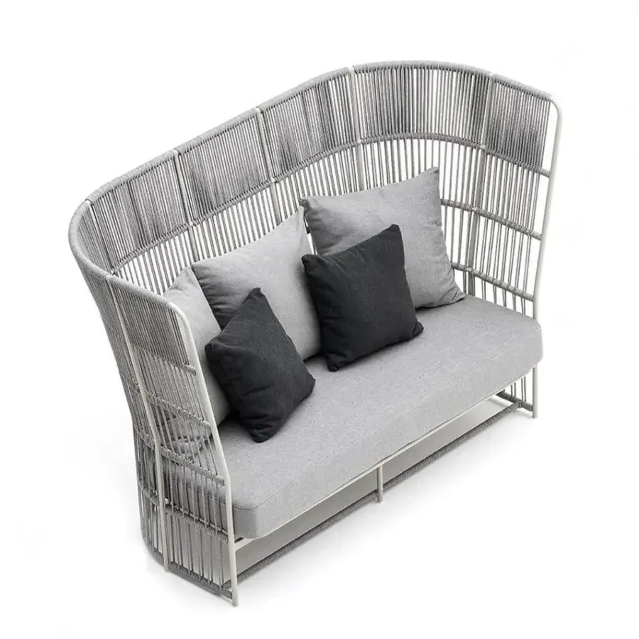 Distinctive Varaschin Tibidabo high sofa with hand-woven synthetic fiber and light dark gray textiles built with a painted metal frame