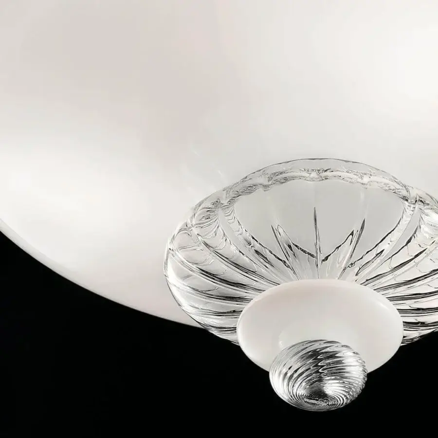 Distinguished Barovier&Toso Pigalle ceiling lamp with a white dome and polished chrome hardware, showcasing unique ribbed and swirling glass components