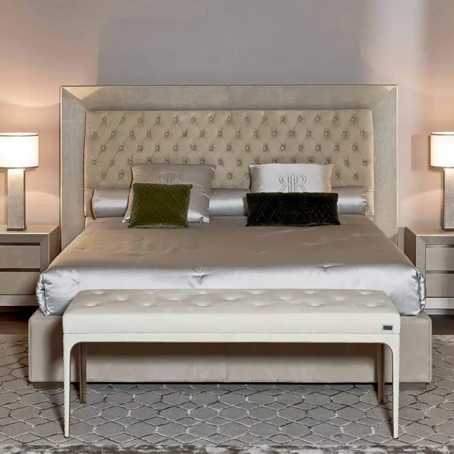 Exceptional Rugiano Kenya bed with fabric upholstery, a tufted headboard framed in coordinating leather, plus olive green and dark brown pillows