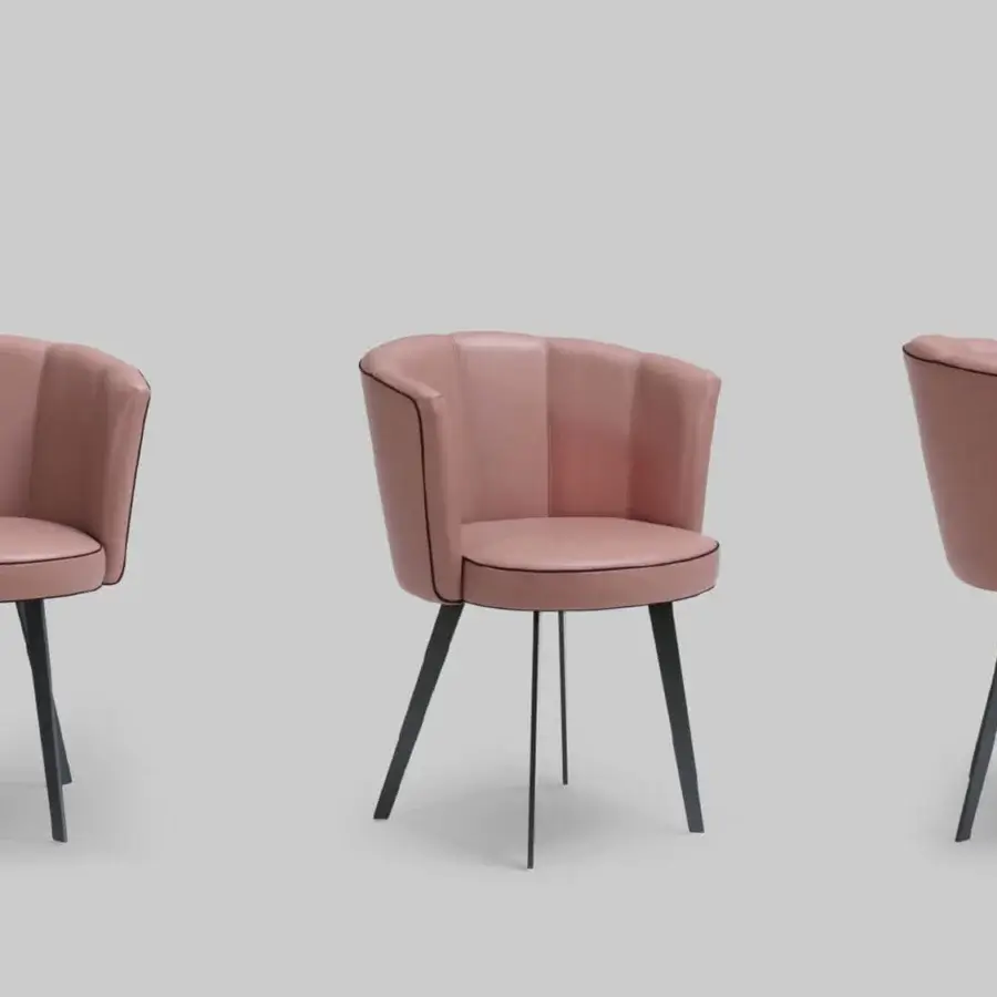 Exceptional Borzalino Diva chair in pinkish-mauve fabric with dark piping and lacquered metal legs crafted in Italy