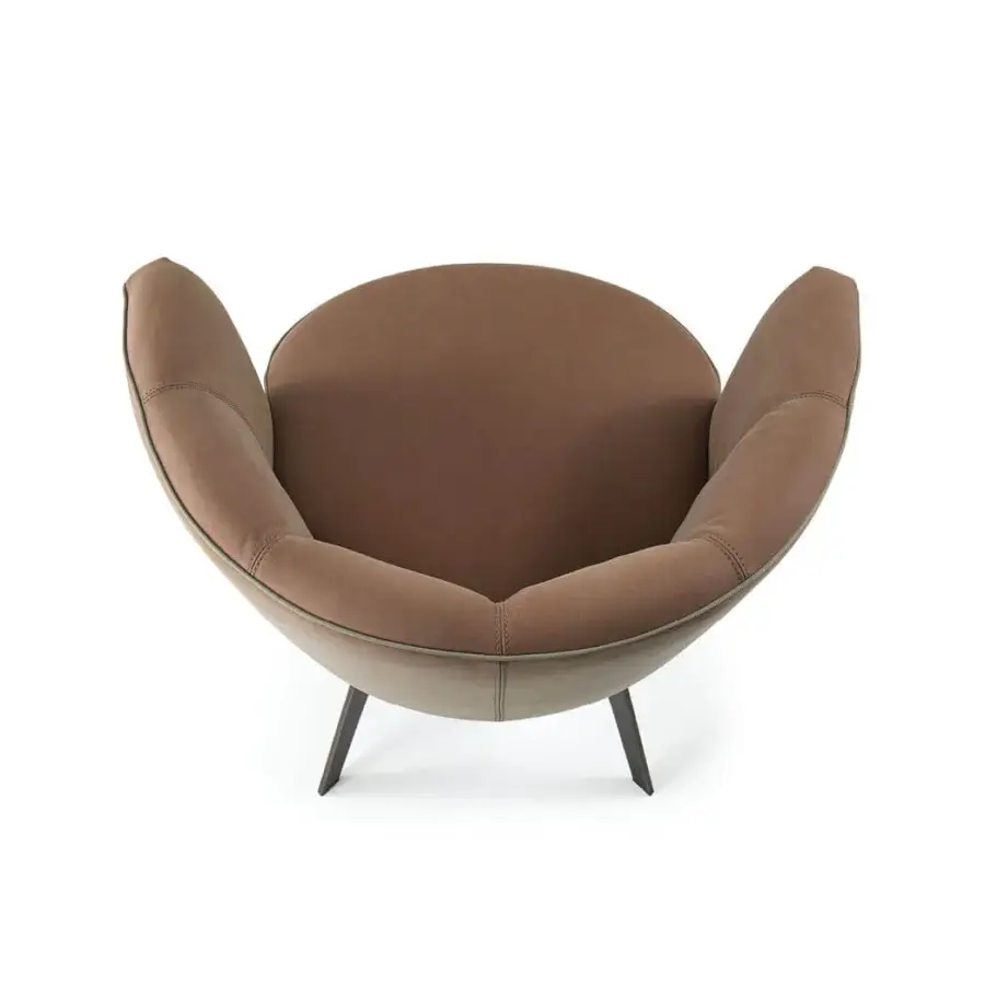 Distinguished Borzalino Diva chair with an elegant shell shape upholstered in medium-brown textile and lacquered metal legs