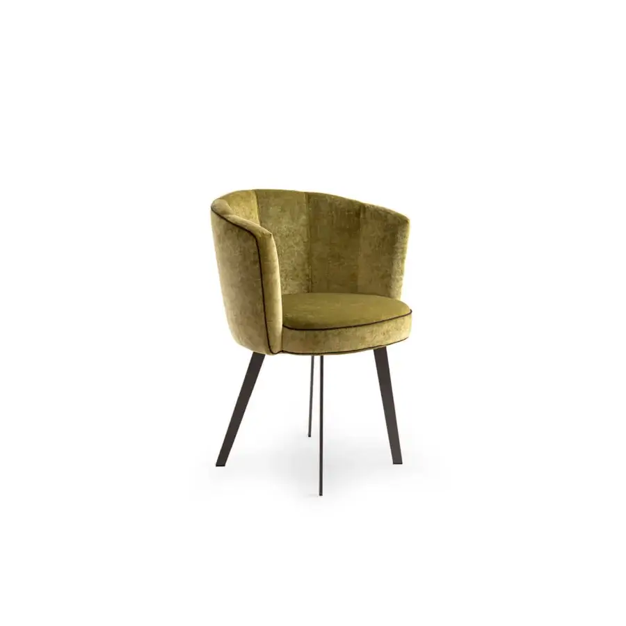 Superior Borzalino Diva chair with a shell silhouette upholstered in olive green textile and refined black piping detail