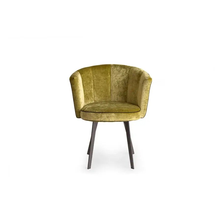 Elegant Borzalino Diva chair with a shell form upholstered in muted olive green textile and lacquered metal base