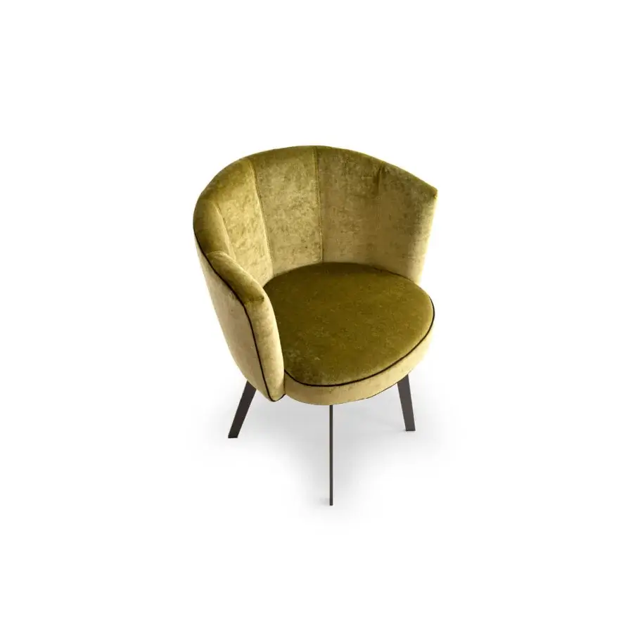 Captivating Borzalino Diva chair with an Art Deco-inspired backrest upholstered in velvety olive green fabric and lacquered metal legs