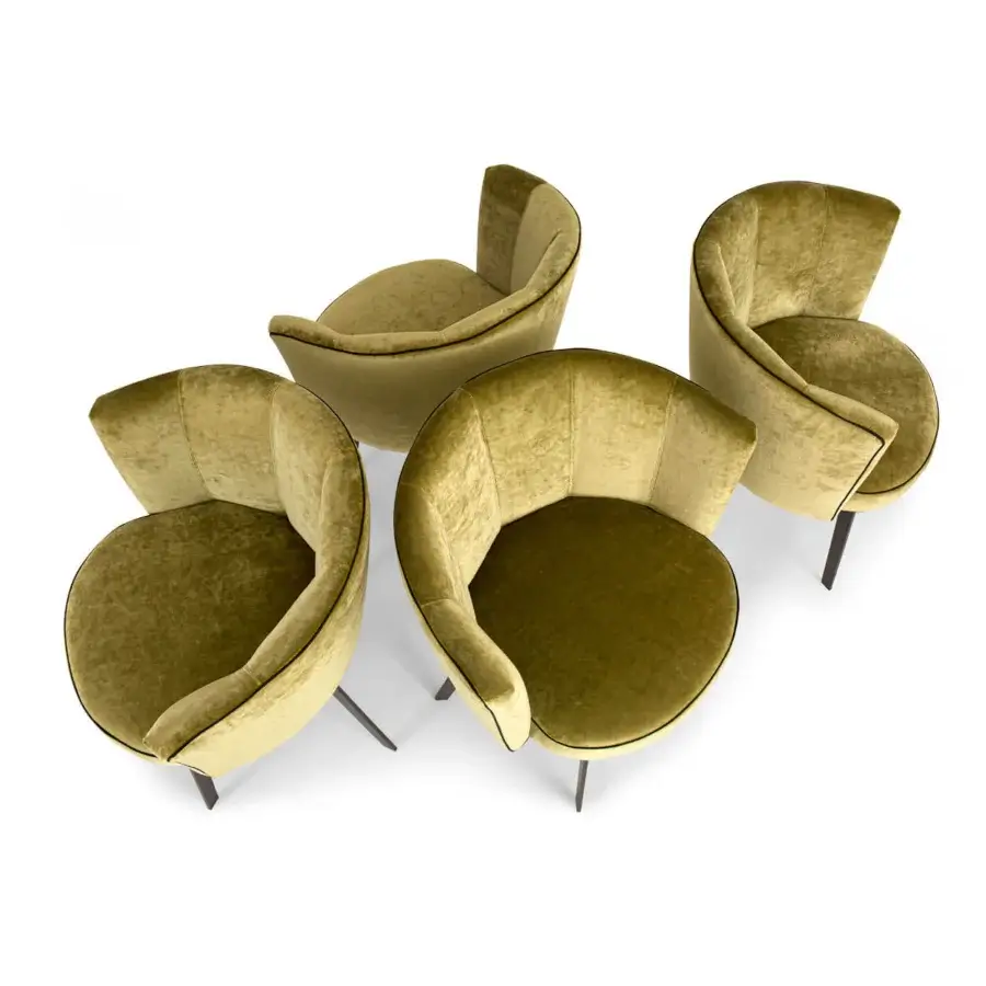 Distinguished Borzalino Diva chair with shell form and Art Deco backrest upholstered in olive-green velvet-like fabric with lacquered metal base