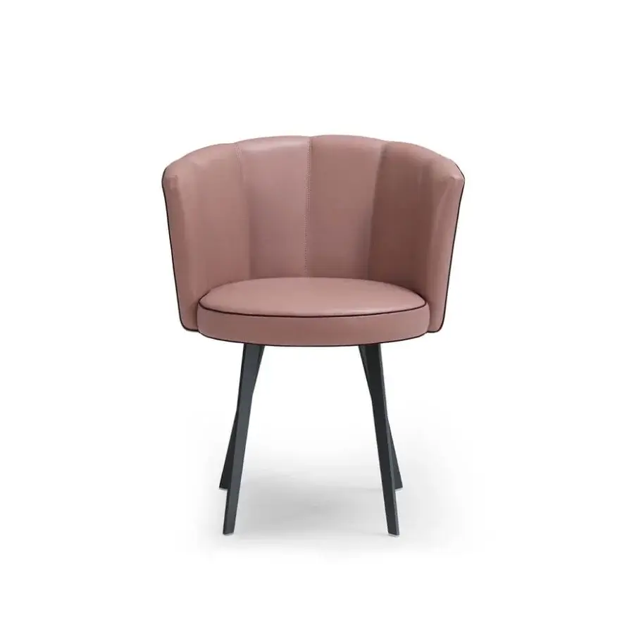 Exclusive Borzalino Diva chair with shell silhouette upholstered in muted pink fabric and lacquered dark matte metal base