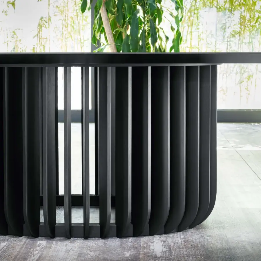 Exceptional Miniforms Juice table with open cage base crafted in black ash and matte finish wood grain