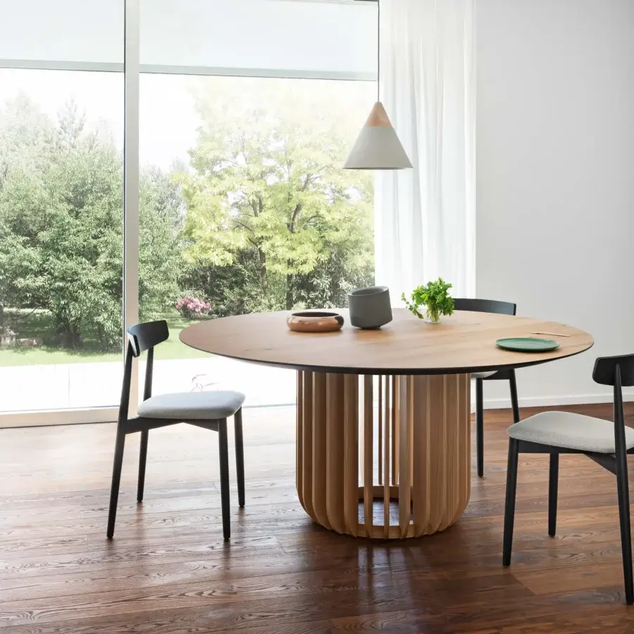 Superior Miniforms Juice table with veneered wood top and striking vertical wooden slat base in matte finish