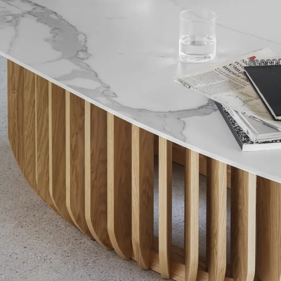 Exceptional Miniforms Juice table with porcelain stoneware top exhibiting grey veining and flamed oak base crafted in a semi-circular arrangement