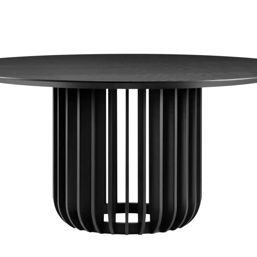 Superior Miniforms Juice table with dark veneered wood top and curving black ash slat base crafted in Italy