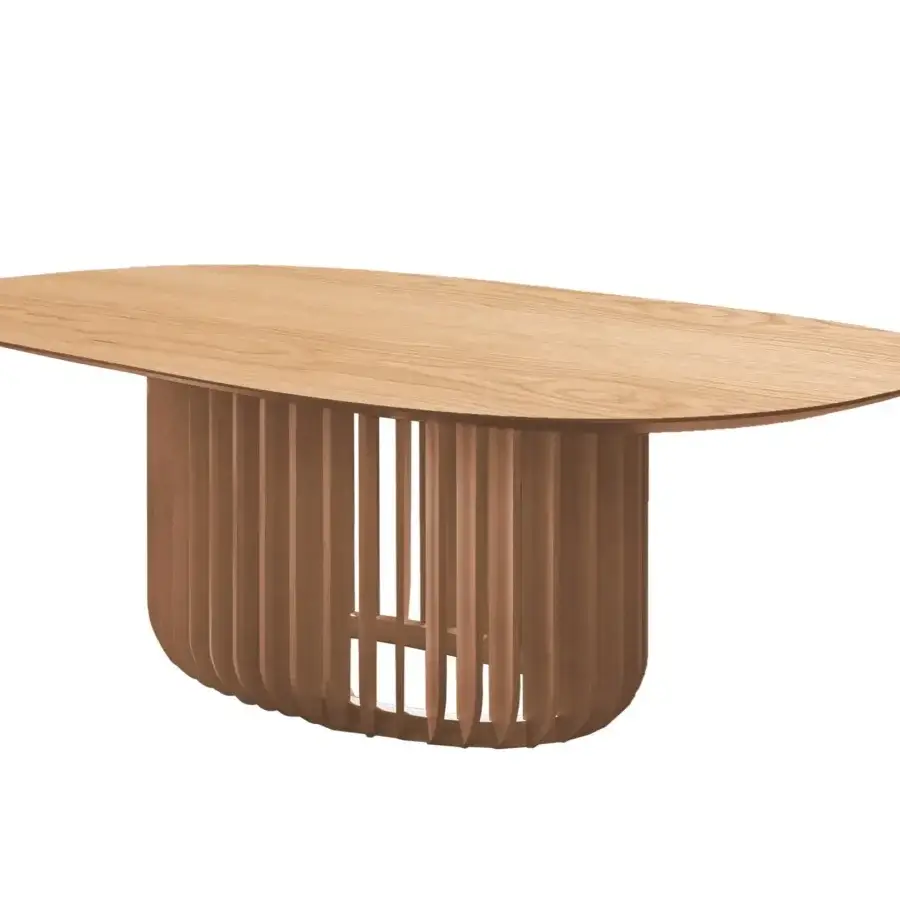 Captivating Miniforms Juice table with light brown veneered wood top and flamed oak vertical slat base