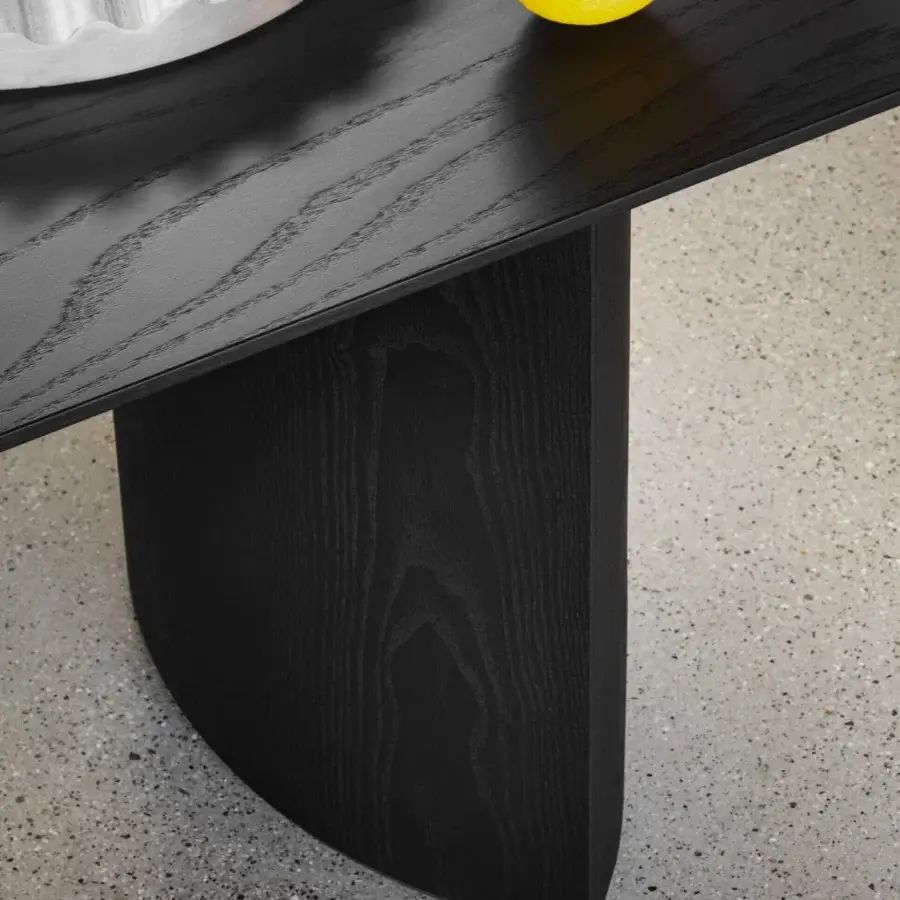 Superior Miniforms Plauto table crafted in Italy with a wide rectangular tabletop and striking half-moon base in black matte finish