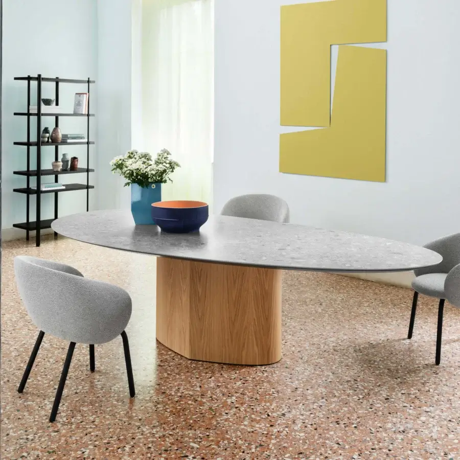 Exceptional Miniforms Monoplauto table with a gray terrazzo-like oval top and light oak leaf-shaped leg in a matte finish