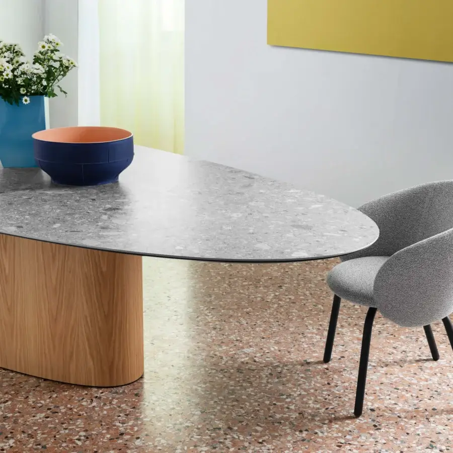 Superior Miniforms Monoplauto table with a speckled gray terrazzo top and light natural wood base