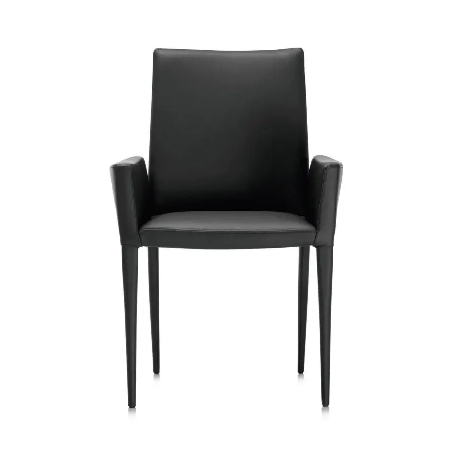 Elegant Frag Bella chair with dark matte upholstery, innovative flexible steel backrest and integrated armrests crafted in Italy