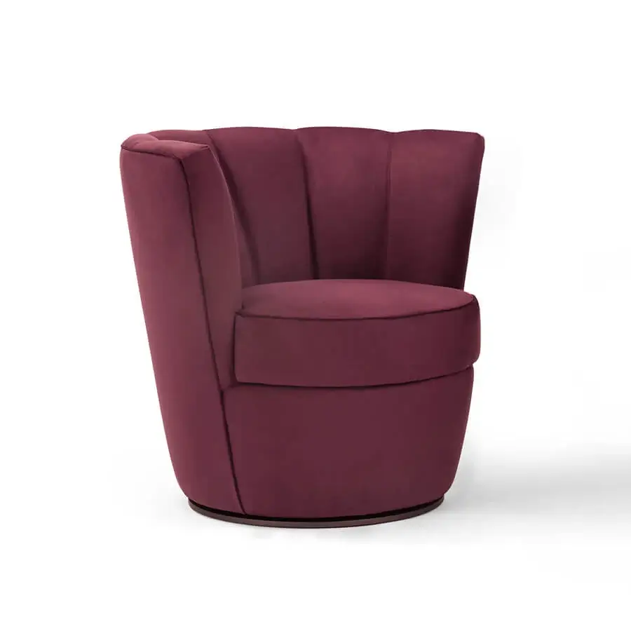 Exceptional Borzalino Diva XL lounge chair with burgundy textile upholstery and lacquered metal swivel base