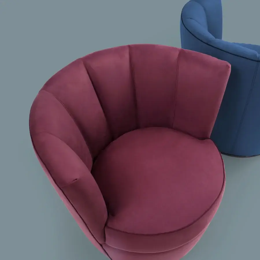 Distinguished Borzalino Diva XL lounge chair in deep muted red textile with lacquered metal base and piping detail