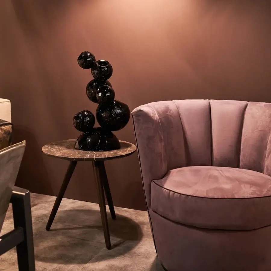 Exceptional Borzalino Diva XL lounge chair with mauve velvety textile upholstery and lacquered metal swivel base