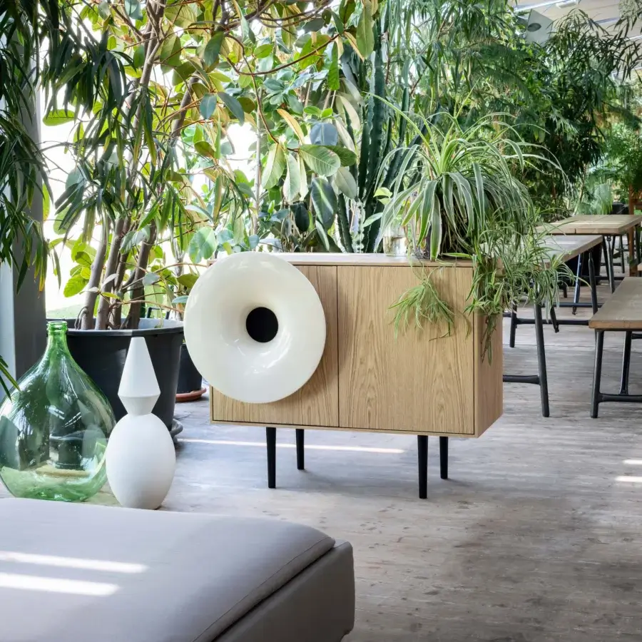 Exceptional Miniforms Caruso bar cabinet with light-toned wood and playful donut-shaped speaker for a multi-sensory décor