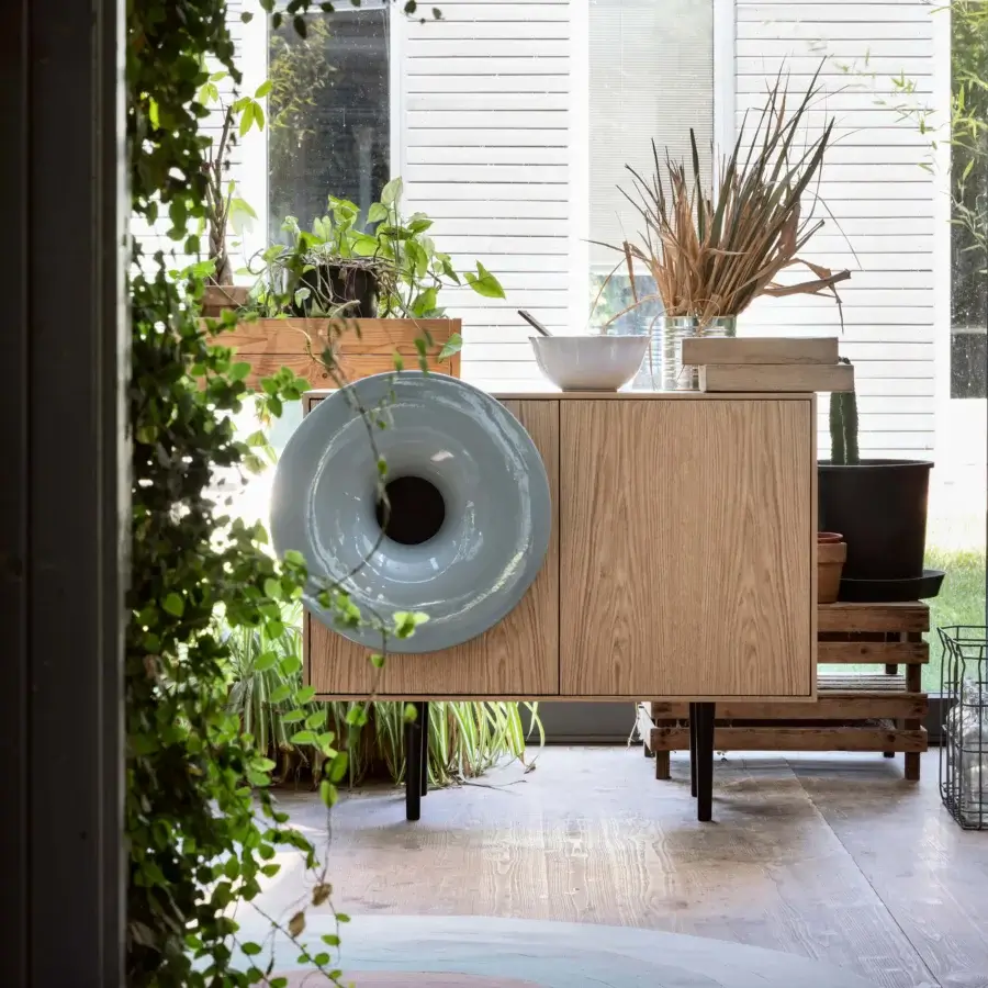 Superior Miniforms Caruso bar cabinet crafted in light wood with matte finish and striking light blue ceramic speaker