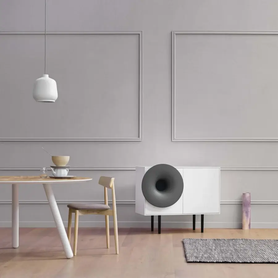 Exceptional Miniforms Caruso bar cabinet with white painted wood body and dark gray acoustic speaker with matte finish
