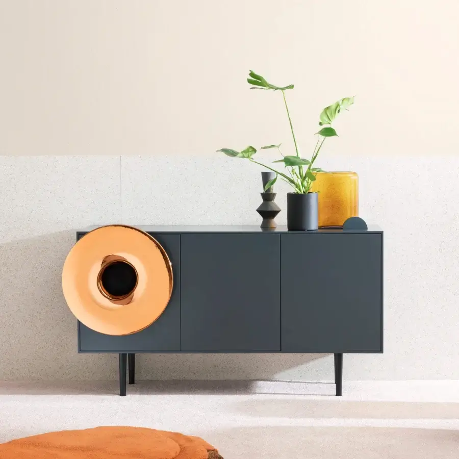 Elegant Miniforms Caruso bar cabinet in dark gray with a matte finish and reflective copper circular detail