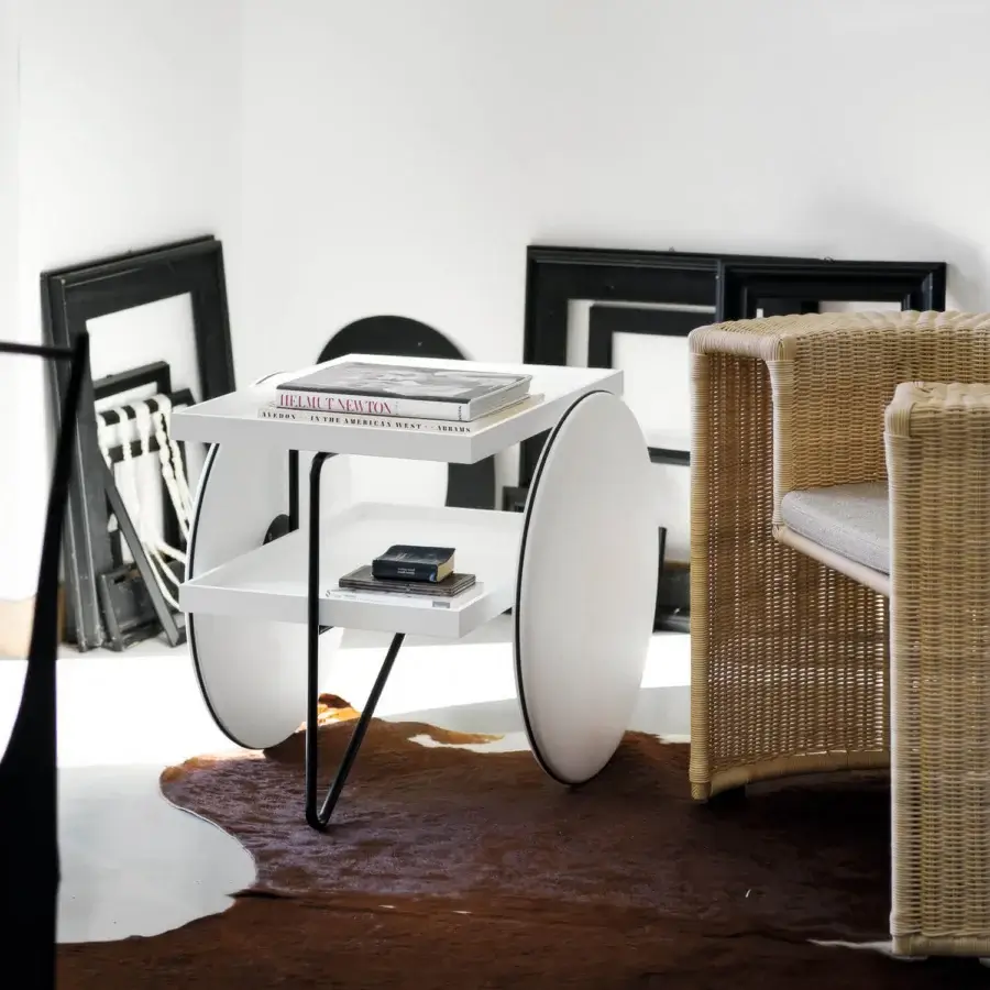 Elegant Casamania Chariot bar cart crafted in Italy with matte white finish and a distinctive black metal structure