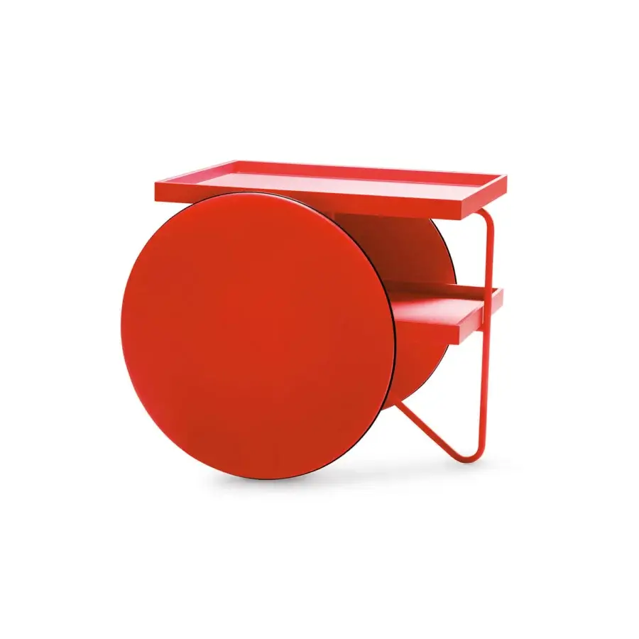 Distinguished Casamania Chariot bar cart with oversized wheels and two tray-like shelves in glossy red metal construction