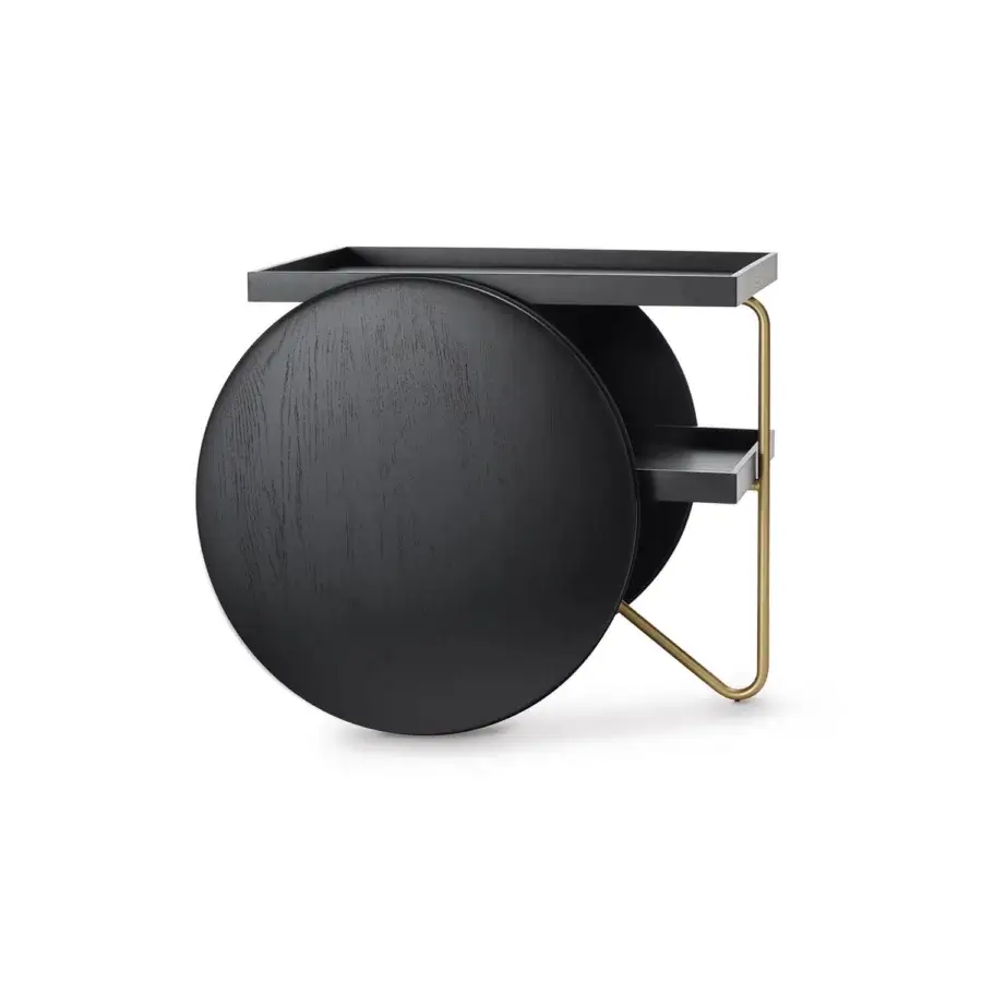 Exceptional Casamania Chariot bar cart crafted with dark wood trays, gold-colored metal and oversized black rubber profile wheels