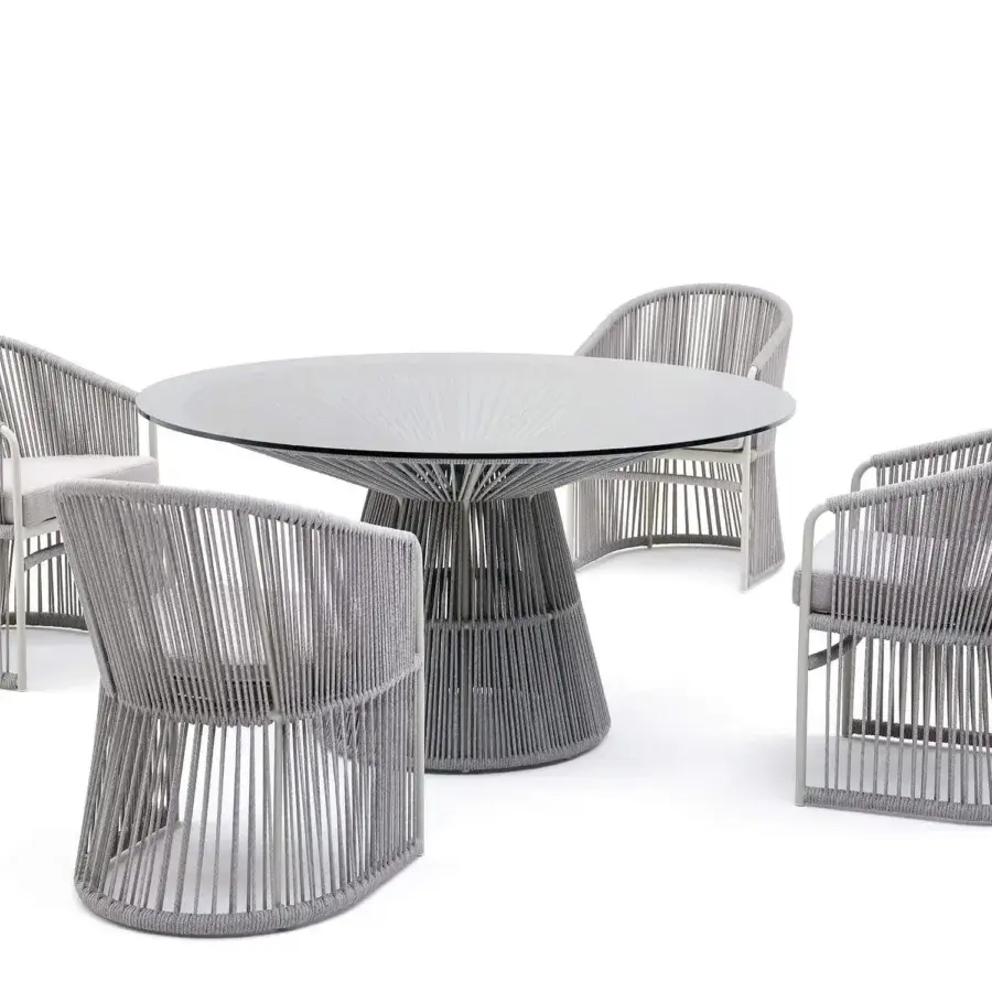 Elegant Varaschin Tibidabo table with round lines built in silk grey powder-coated aluminum and perla rope weaving with transparent glass