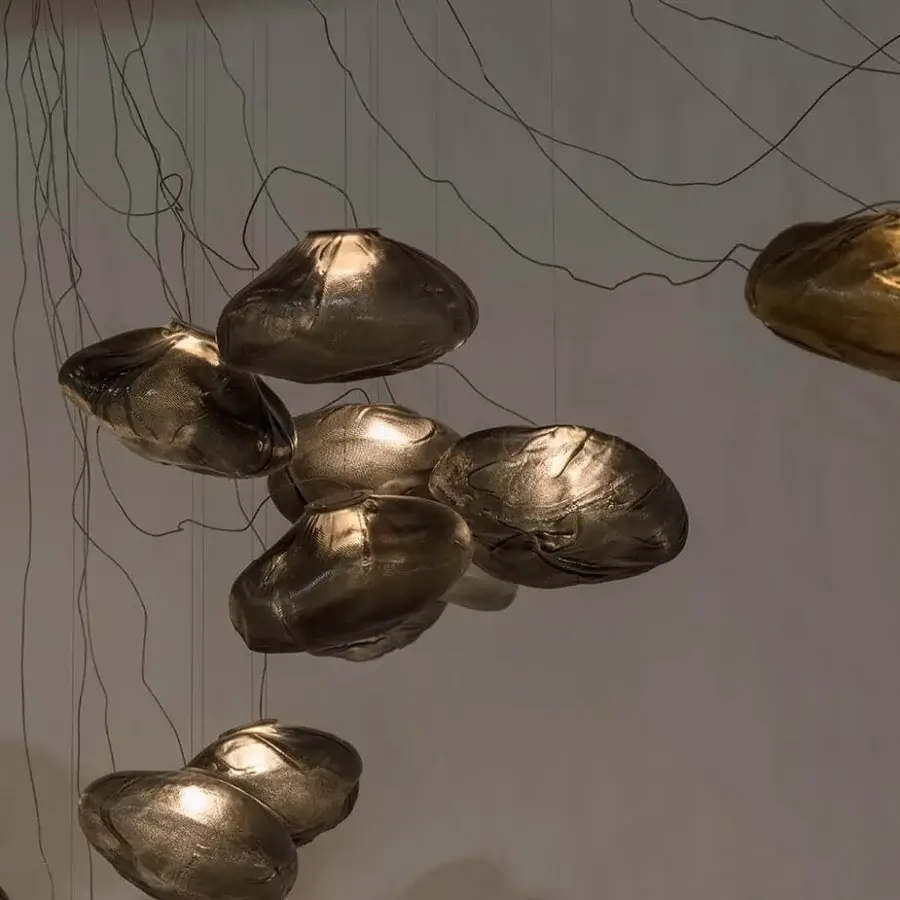 Distinguished Bocci 73 sculptural lamp with wrinkled metallic glass and braided coaxial cable in brushed nickel finish