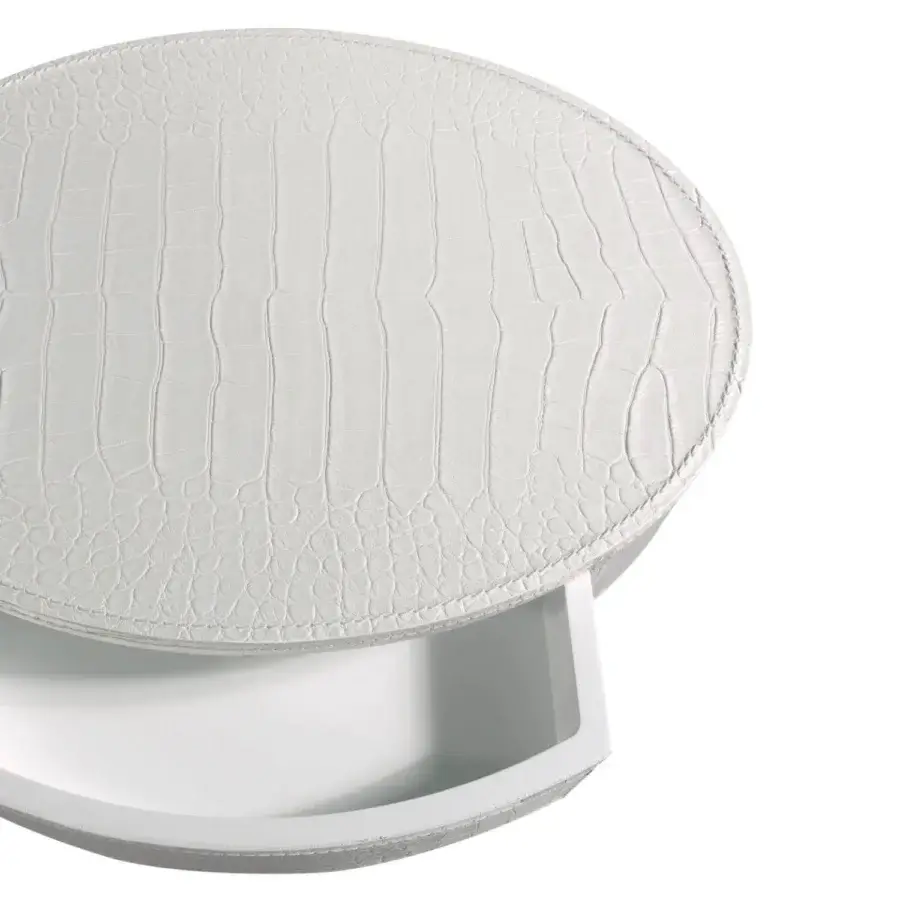 Distinguished Rugiano Just nightstand with oval crocodile-textured white leather top and refined steel base