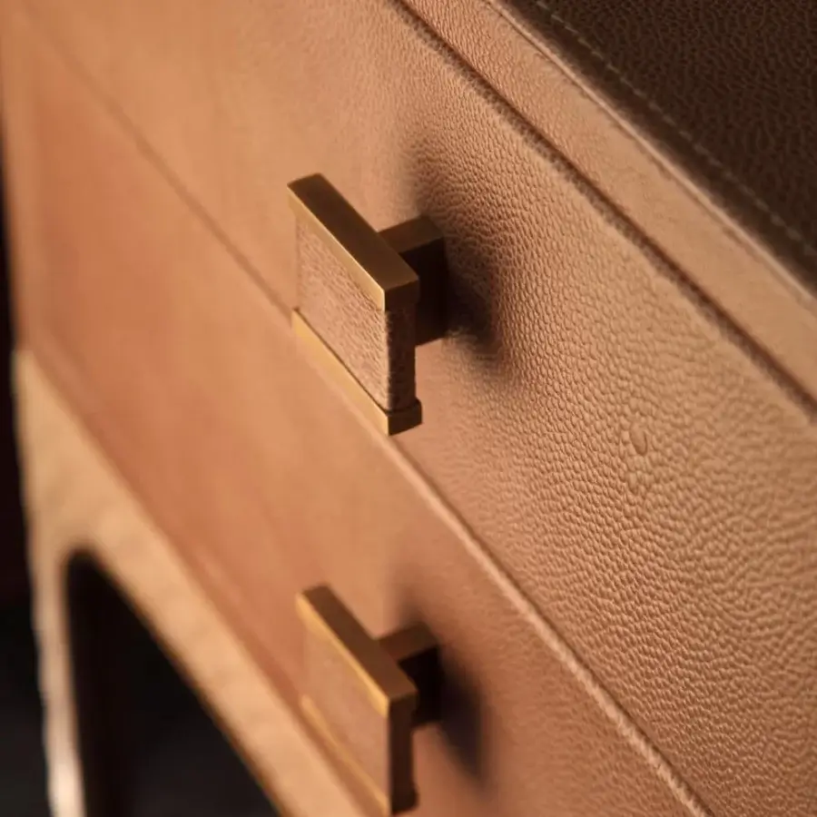Exceptional Rugiano Charlie nightstand with supple leather and matelassé embroidery in warm tan or brown with bronze finish