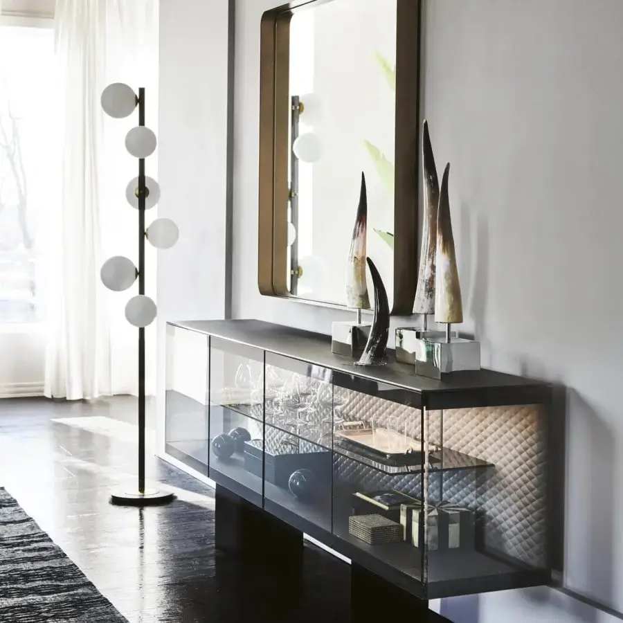 Exceptional Cattelan Italia Boutique sideboard with black lacquered steel, fumé glass, and quilted leather interior