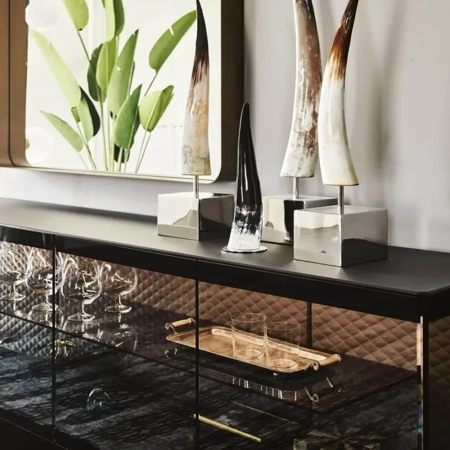 Lavish Cattelan Italia Boutique sideboard with black embossed lacquered steel, fumé glass, and quilted brown leather interior