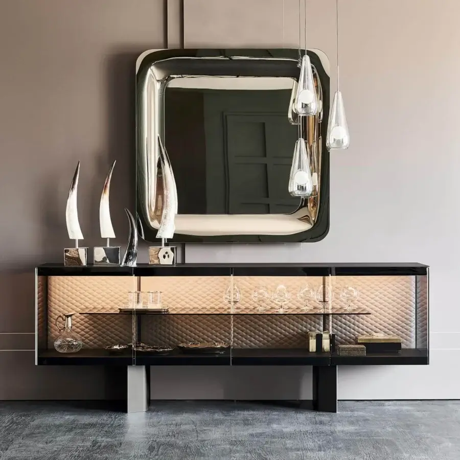 Sophisticated Cattelan Italia Boutique sideboard with fumé glass doors, black painted glass stripes, and glossy black lacquered steel frame