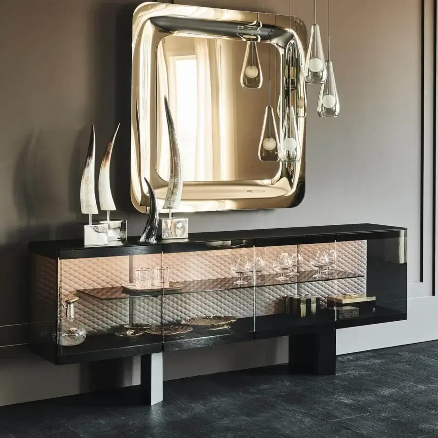 Distinguished Cattelan Italia Boutique sideboard with black embossed lacquered steel, fumé glass, and quilted leather interior illumination