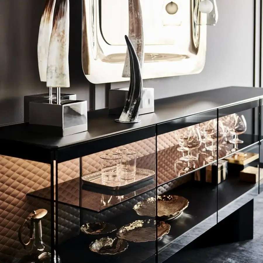 Exclusive Cattelan Italia Boutique sideboard with black embossed lacquered steel, fumé glass, quilted leather interior and integrated illumination
