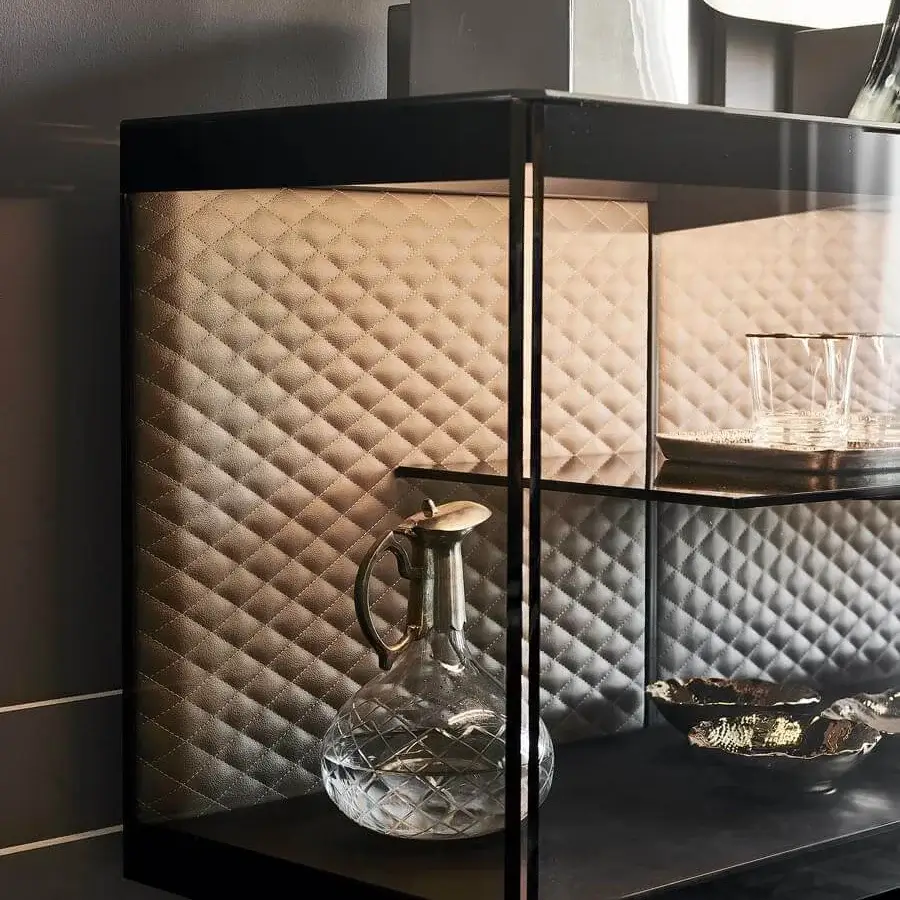 Superior Cattelan Italia Boutique sideboard with black embossed lacquered steel, fumé glass doors and quilted beige textile interior