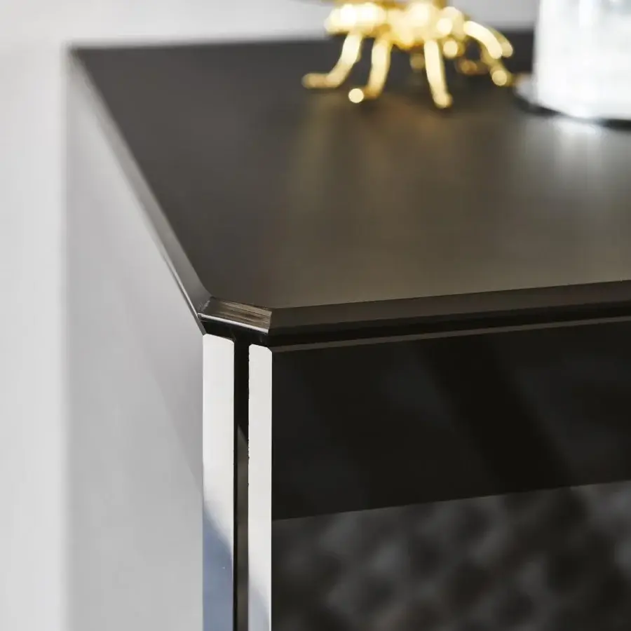 Distinguished Cattelan Italia Boutique sideboard with black embossed lacquered steel, fumé glass doors and black painted glass stripes