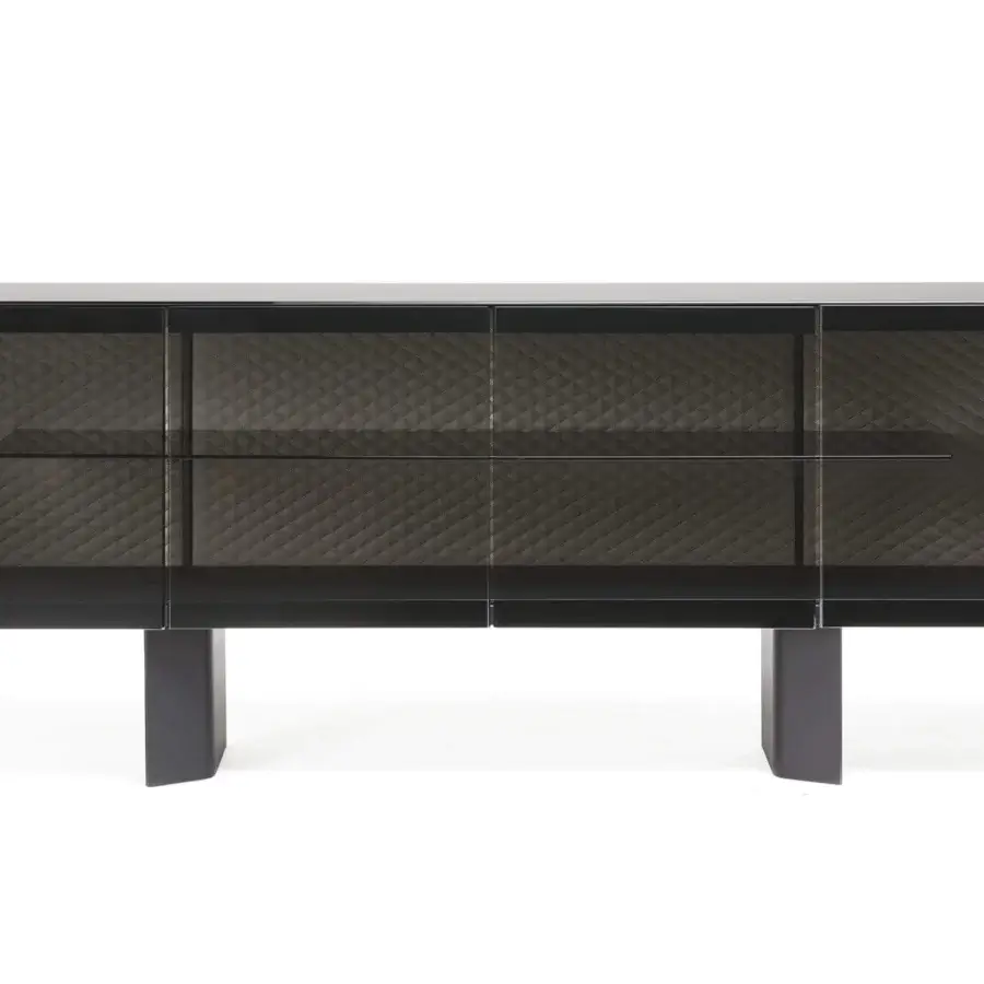 Exceptional Cattelan Italia Boutique sideboard with black embossed lacquered steel, fumé glass doors and quilted backing