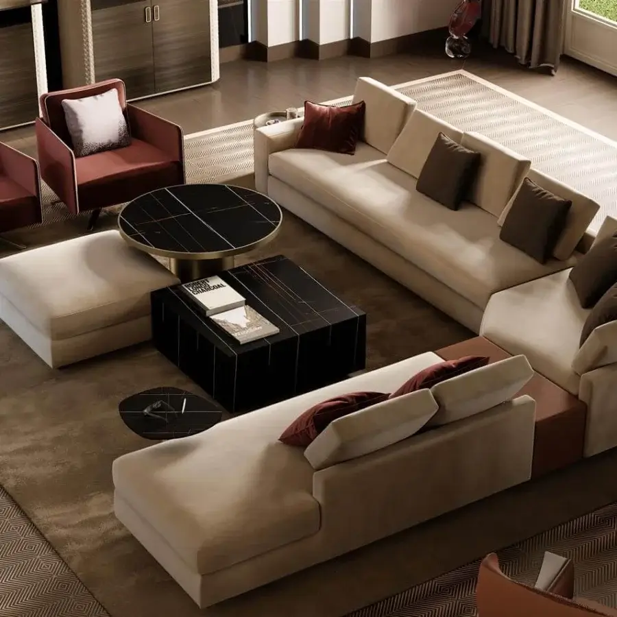 Exceptional Reflex Adone sectional with light beige textile upholstery and reddish-brown wooden base, exhibiting a smooth matte finish